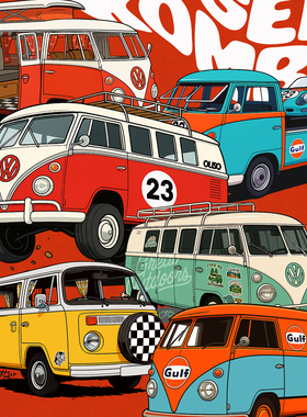 自制手绘大众T系列巴士经典复古车主题插画冰箱贴T1T2车迷原创