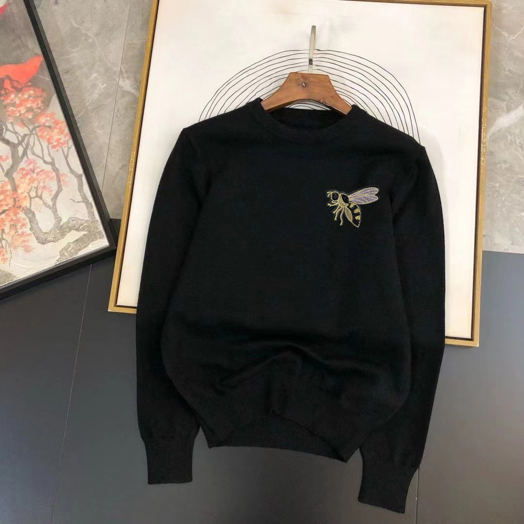 外贸男装毛衣蜜蜂潮牌秋冬圆领修身套头针织衫加绒加厚保暖打底衫