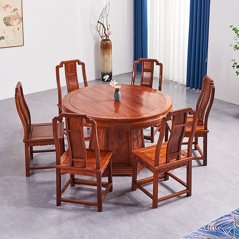 缅甸花梨大果紫檀红木家具明清古典如意圆餐桌七件套餐厅雕花套装