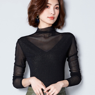 外穿雪纺衫 2019秋装 女长袖 网纱打底衫 设计感内搭黑色蕾丝上衣 新款