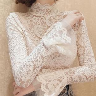 蕾丝打底衫 紧身性感百搭上衣 女秋冬网纱荷叶边高领内搭加绒喇叭袖
