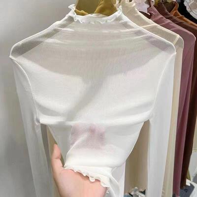 高领木耳边打底衫薄款透视纱衣女