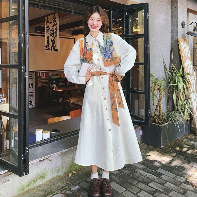 2026秋季清新复古印花洋装衬衫长裙碎花裙长袖连衣裙女新中式纽扣