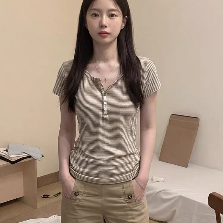 韩系亨利领条纹正肩短袖t