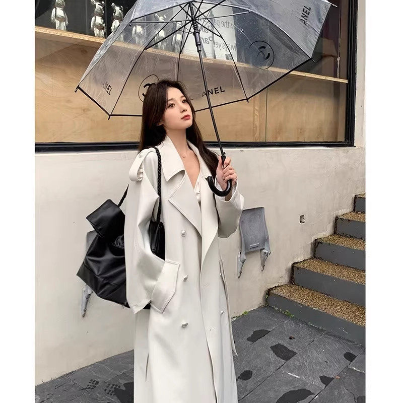 米白色风衣女2026春秋新款小个子中长款高级感双排扣宽松气质外套