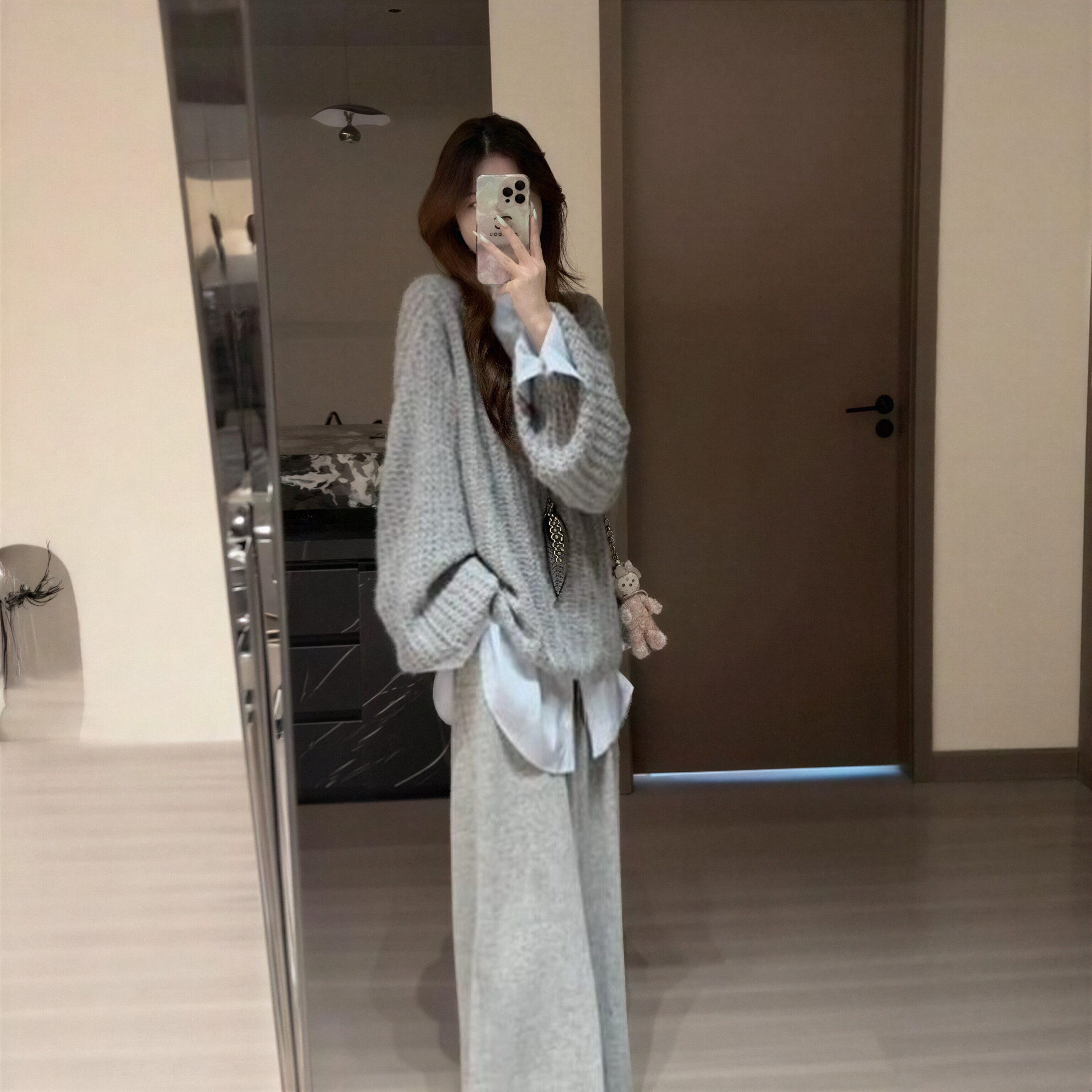 入秋韩系慵懒风一整套针织衫毛衣蓝色衬衫阔腿裤松弛感休闲套装女