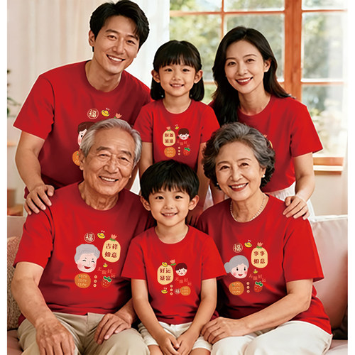 2026新年红色短袖全家福亲子装