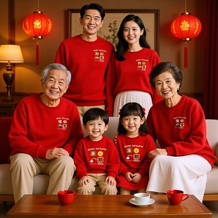 本命年全家装喜庆大红色卫衣亲子装新款爷爷奶奶拍照全家福上衣