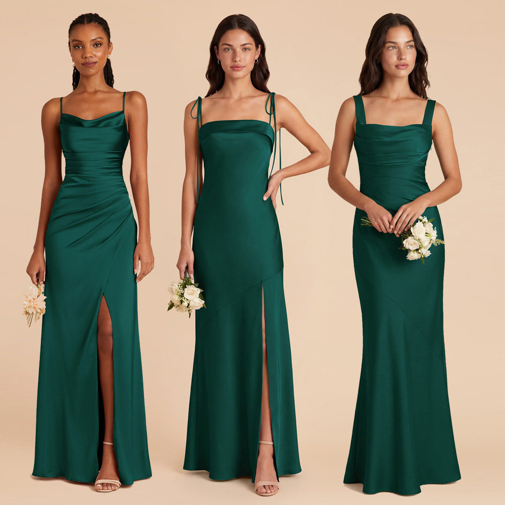 伴娘服翡翠绿色emerald气质丝滑长款缎面晚礼服女晚装bridesmaid