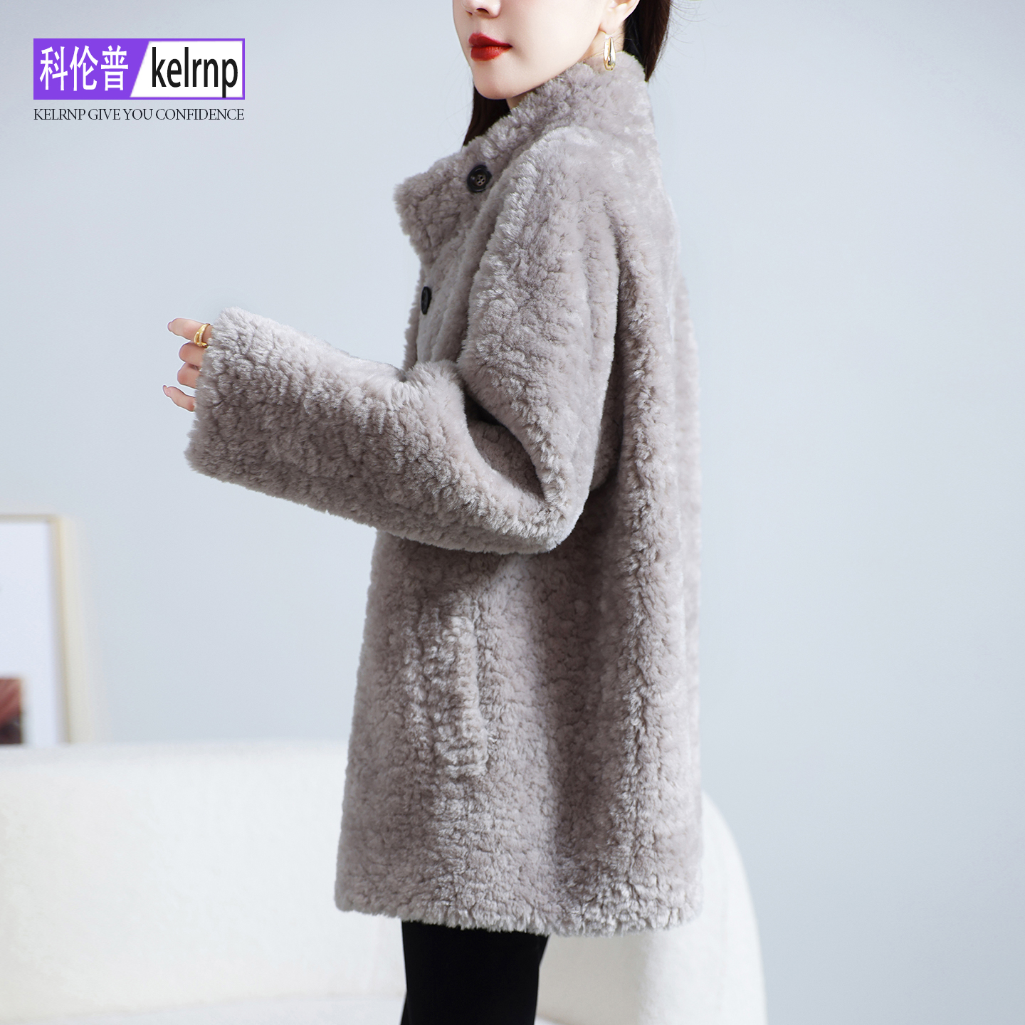 立领仿羔羊毛毛颗粒皮草外套