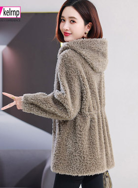 羊剪绒大衣女2025冬新中长款连帽系带减龄海宁羔羊毛颗粒皮草外套
