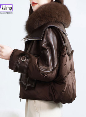 狐狸毛领真皮草大衣女2025冬新时尚名媛兔皮毛一体鹅绒羽绒服外套