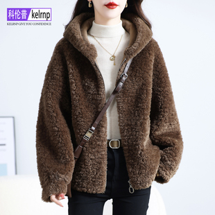 仿羊剪绒大衣女2025冬新连帽大气质仿美利奴羔羊毛毛颗粒皮草外套