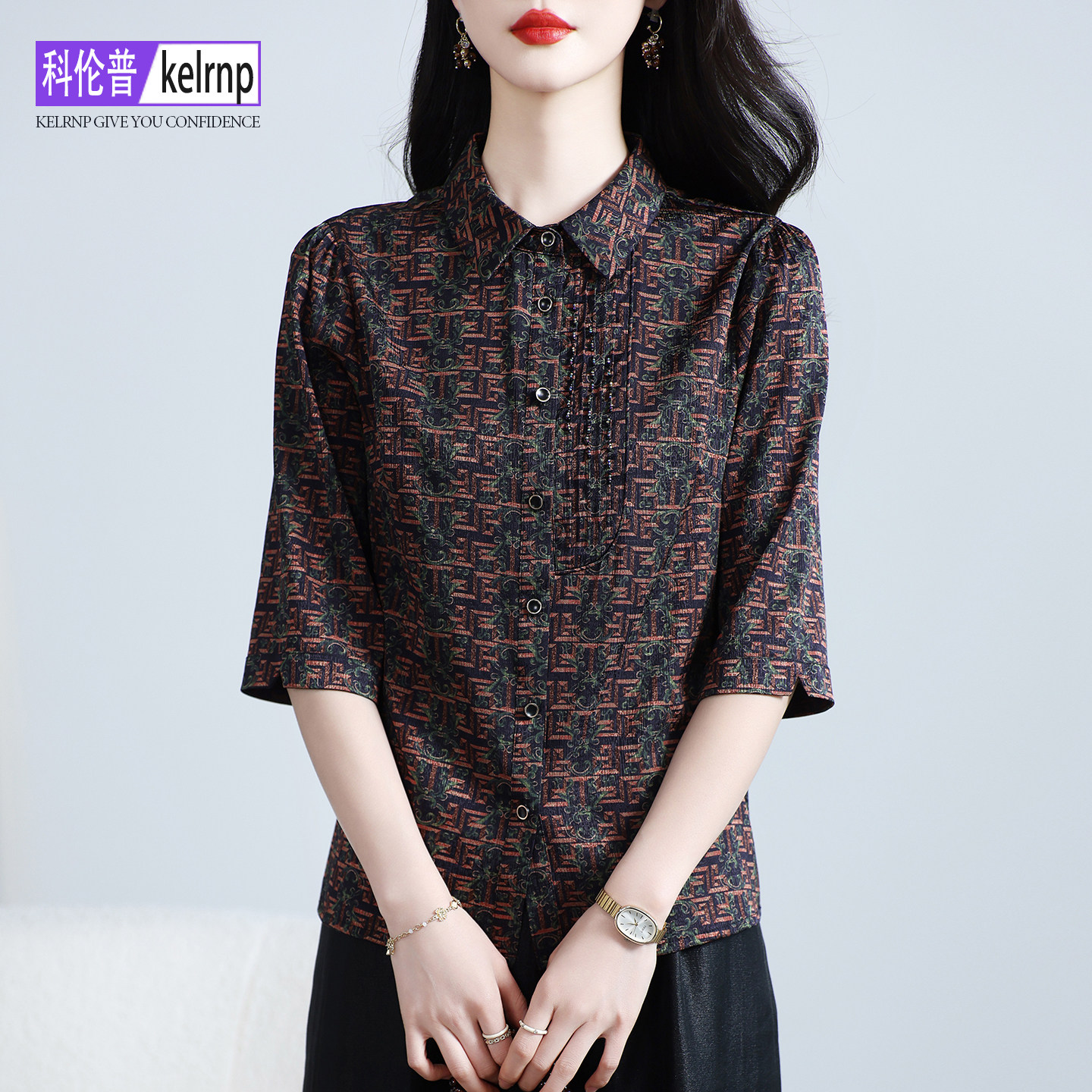 高档中年妈妈印花提花桑蚕丝上衣