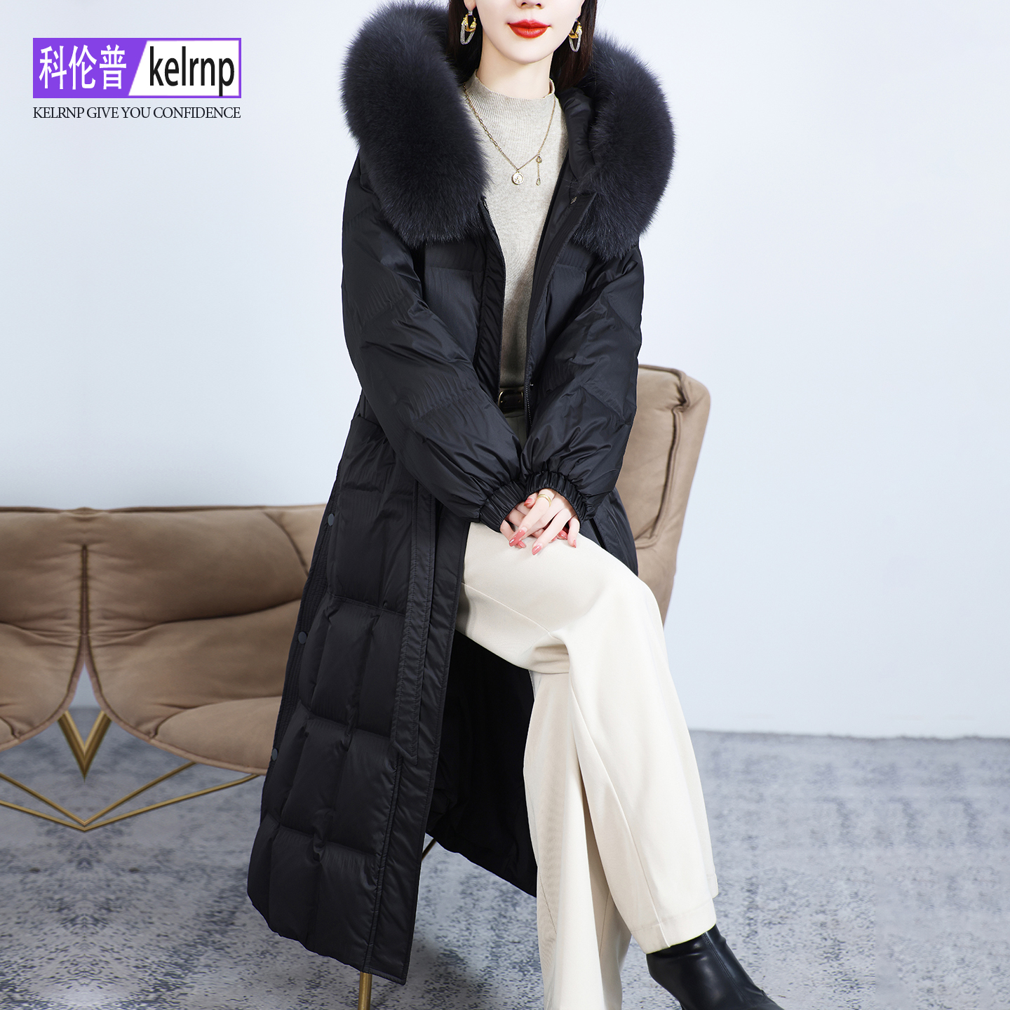 简约保暖白鹅绒羽绒服真皮草外套