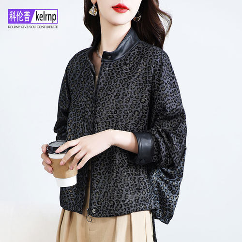 蝙蝠袖豹纹头层绵羊皮夹克小外套