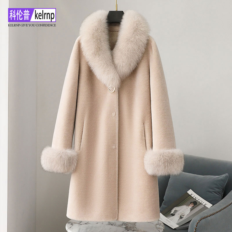 简约狐狸毛领羔羊毛颗粒皮草外套