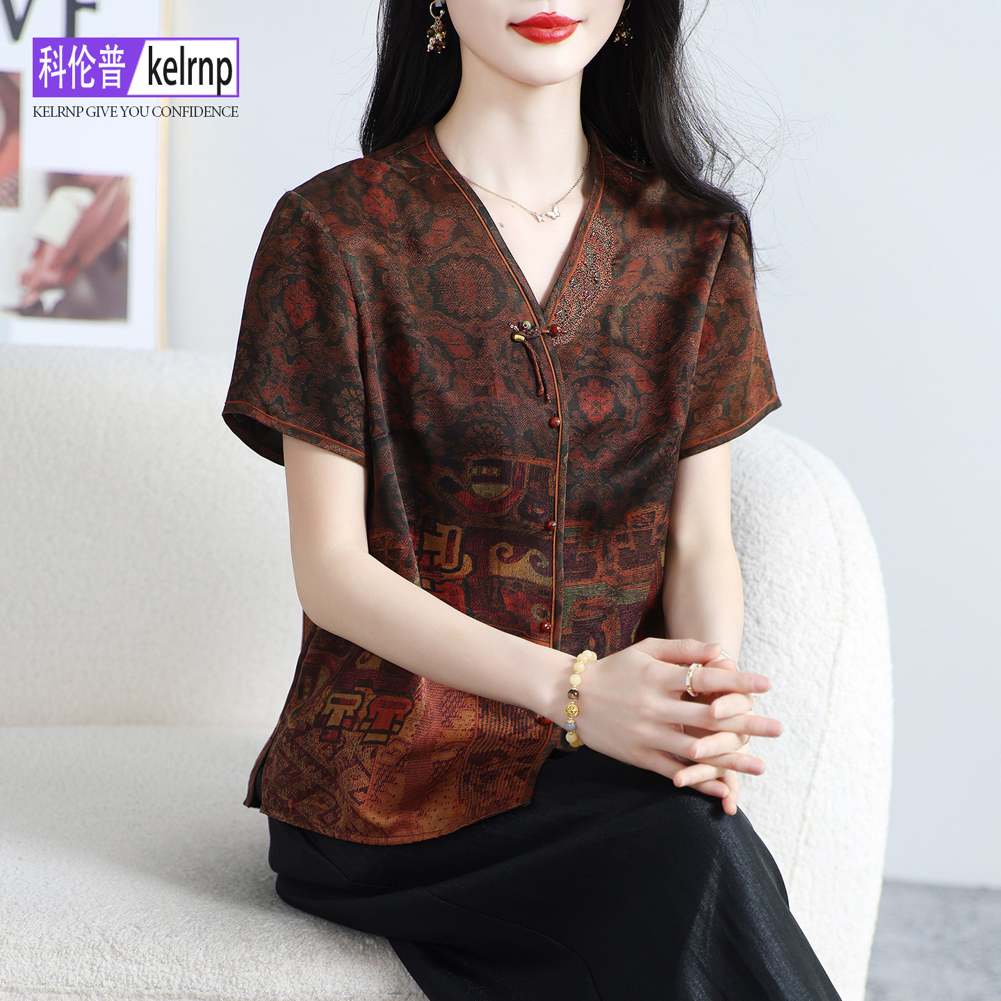 香云纱花罗印花100%桑蚕丝上衣