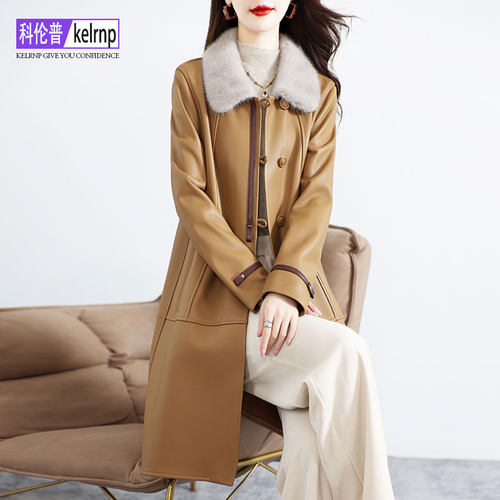 水貂毛领韩版OL头层绵羊皮衣外套