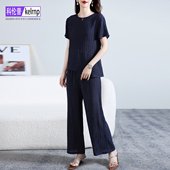 两件套装 真丝上衣 柔叠绉短袖 桑蚕丝T恤女松紧腰裤 子2025夏新时尚