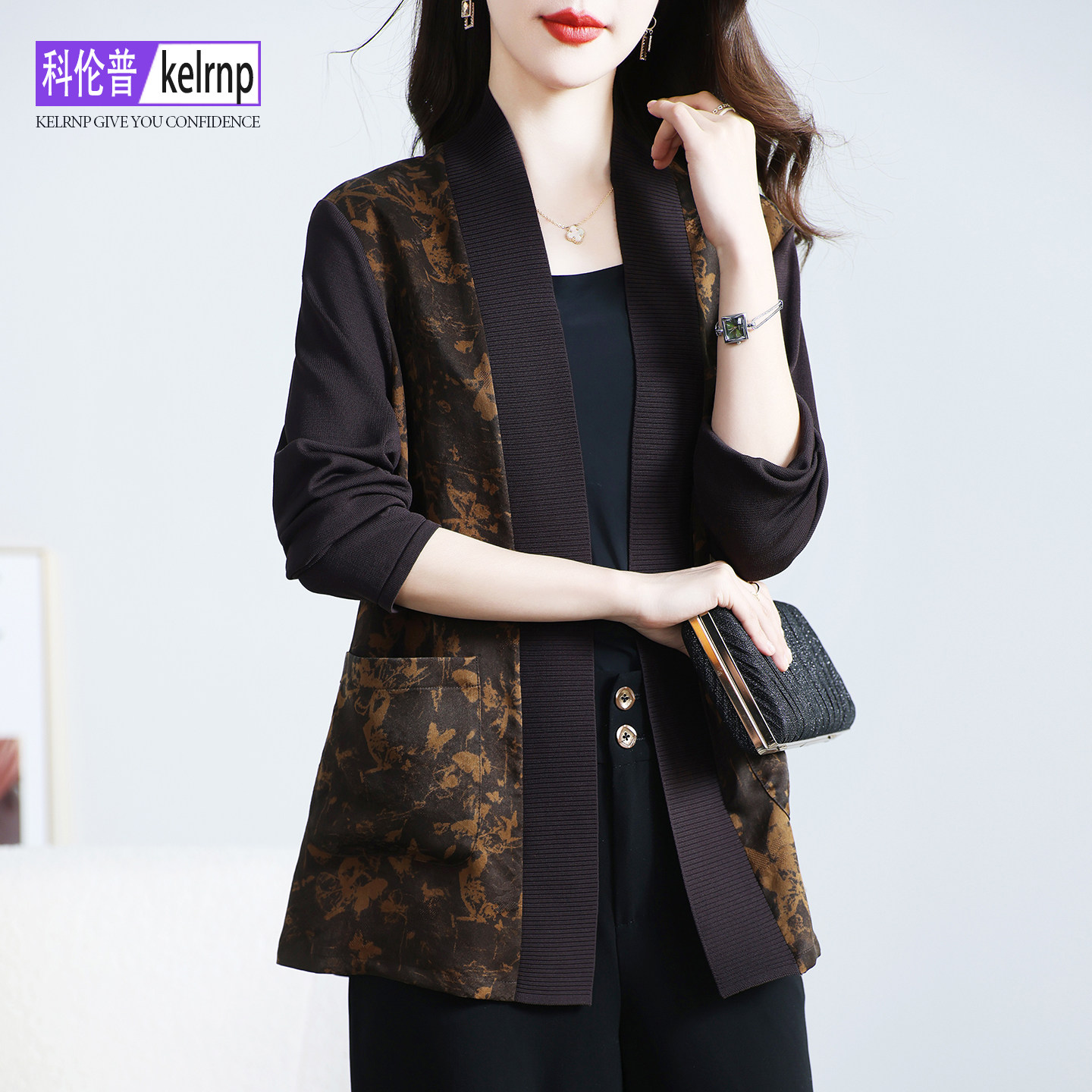 真丝短外套女2026春秋新香云纱拼针织印花棒球服桑蚕丝绸夹克开衫