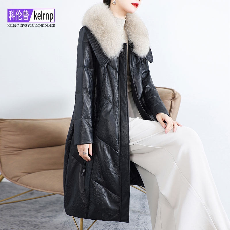 真皮羽绒服女中长款2026冬新廓形狐狸毛领石头纹海宁绵羊皮衣外套