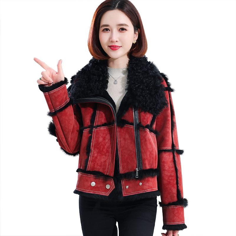 羔羊毛领小个子獭兔毛皮毛一体女