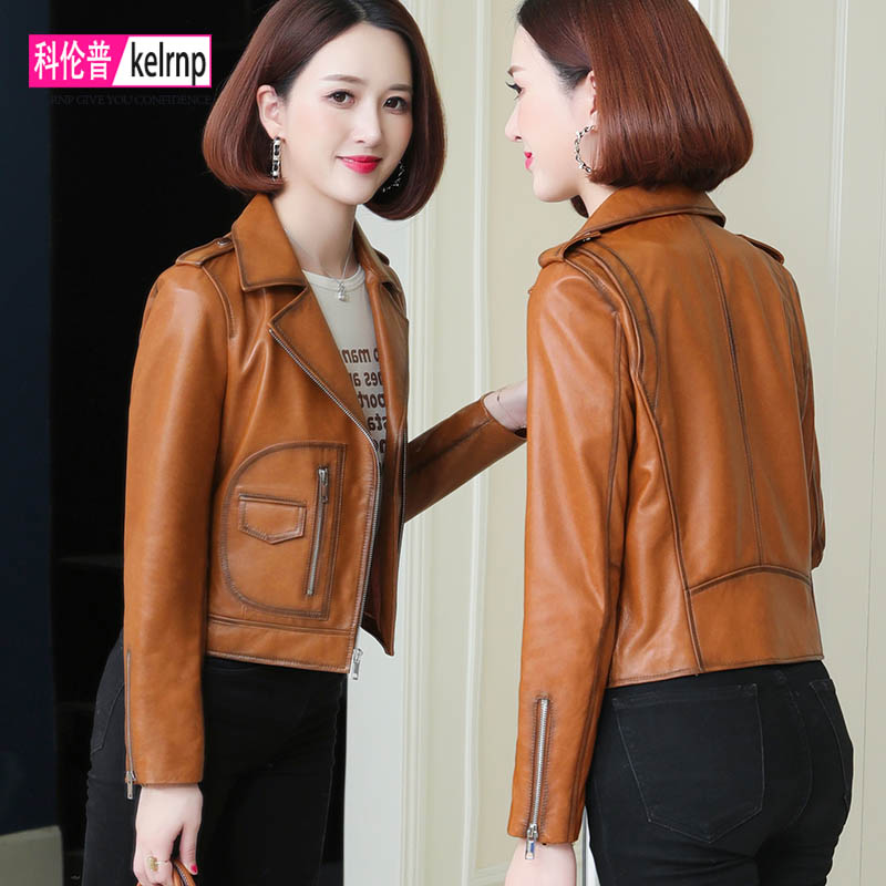 海宁真皮皮衣女2025春秋新款短款西装领简约绵羊皮夹克机车服外套,女装/女士精品,皮衣,淘宝优惠券,粉丝福利购,淘宝优惠卷