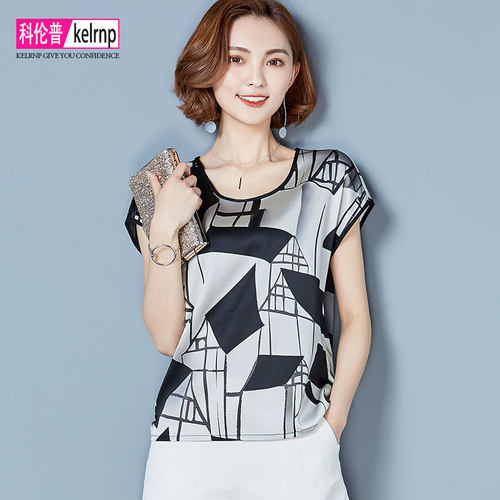 t恤显瘦几何印花重磅桑蚕丝上衣