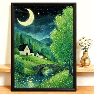 月夜溪桥小屋1000片成人拼图蓝卡带相框装饰画风景减压治愈系