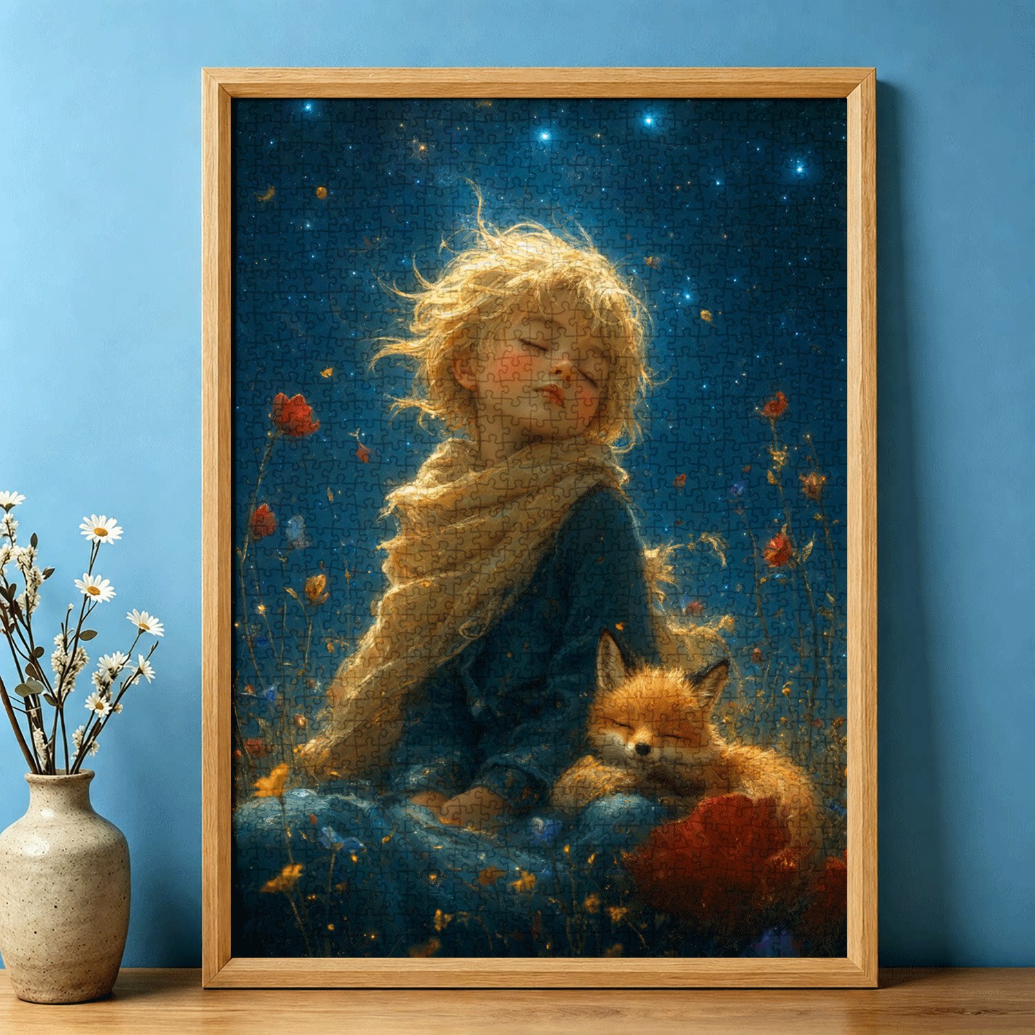 星空花田童狐静眠大型1000片蓝卡拼图带相框高难度成人减压装饰画