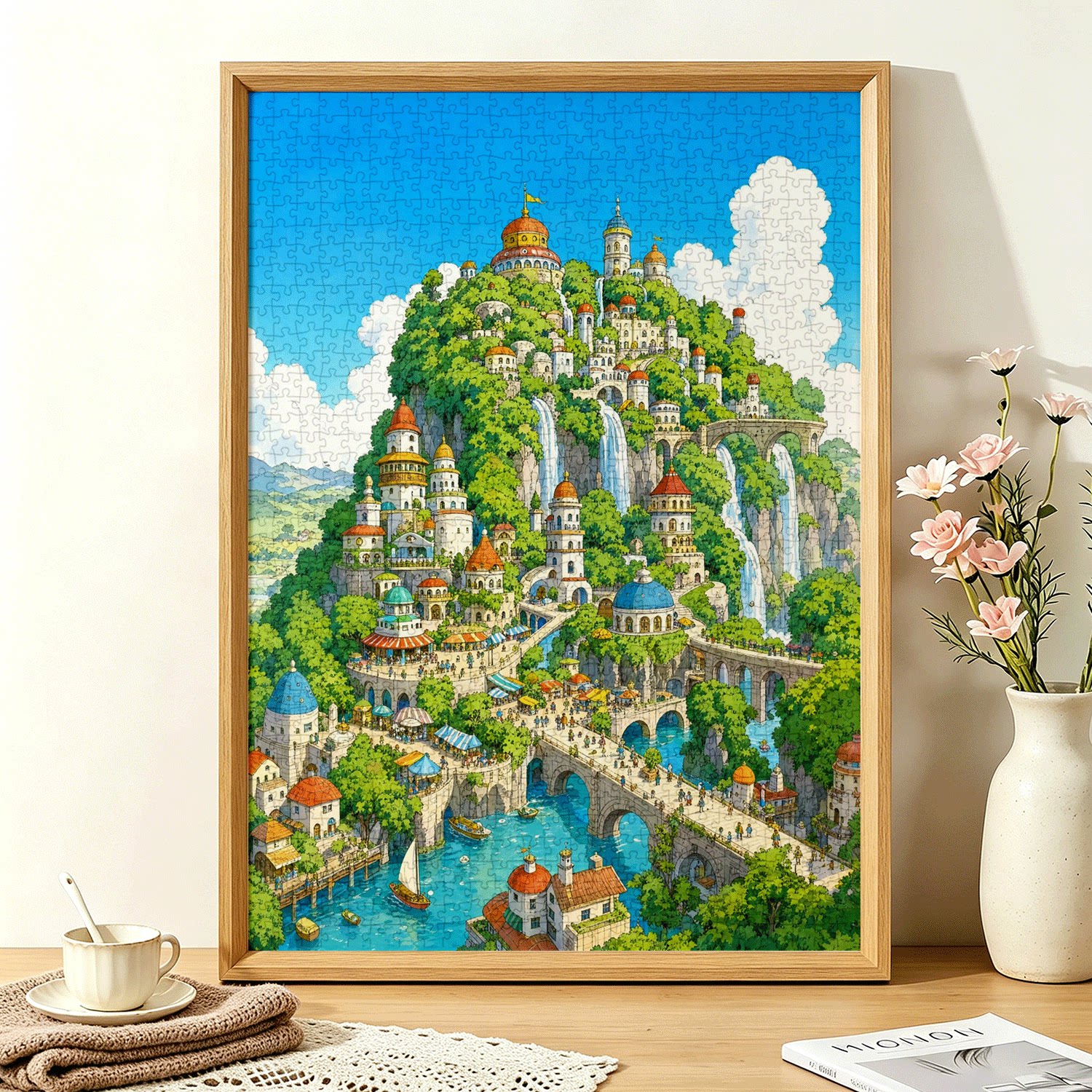 大型1000片蓝卡拼图带相框高难度成人减压装饰画童话山城瀑布镇