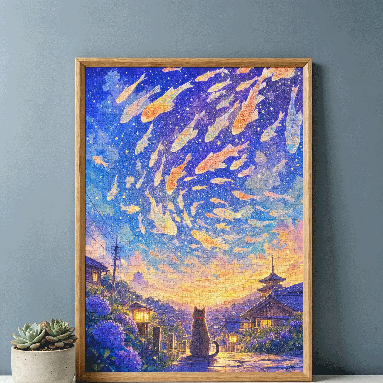 拼图1000片高端蓝卡风景带相框