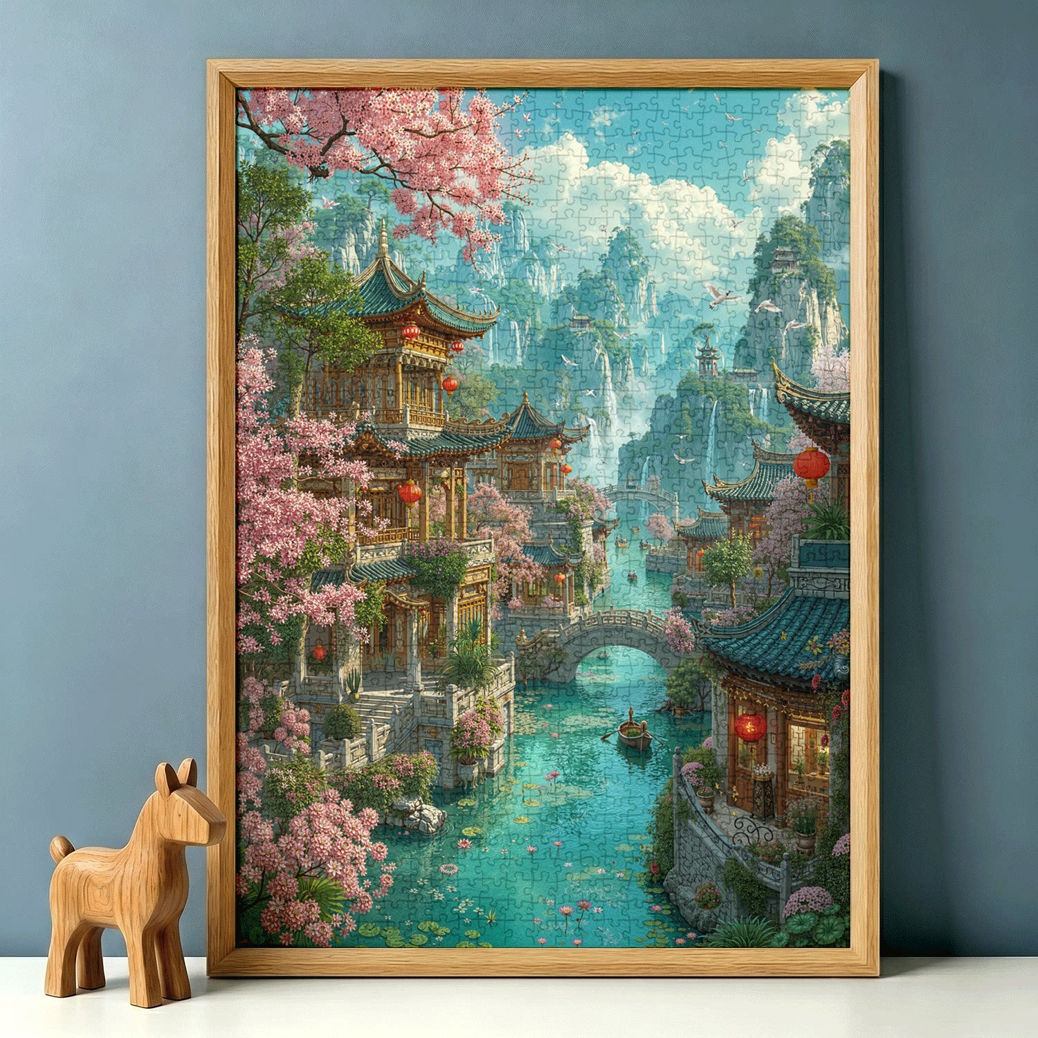 拼图1000片高端蓝卡风景带相框