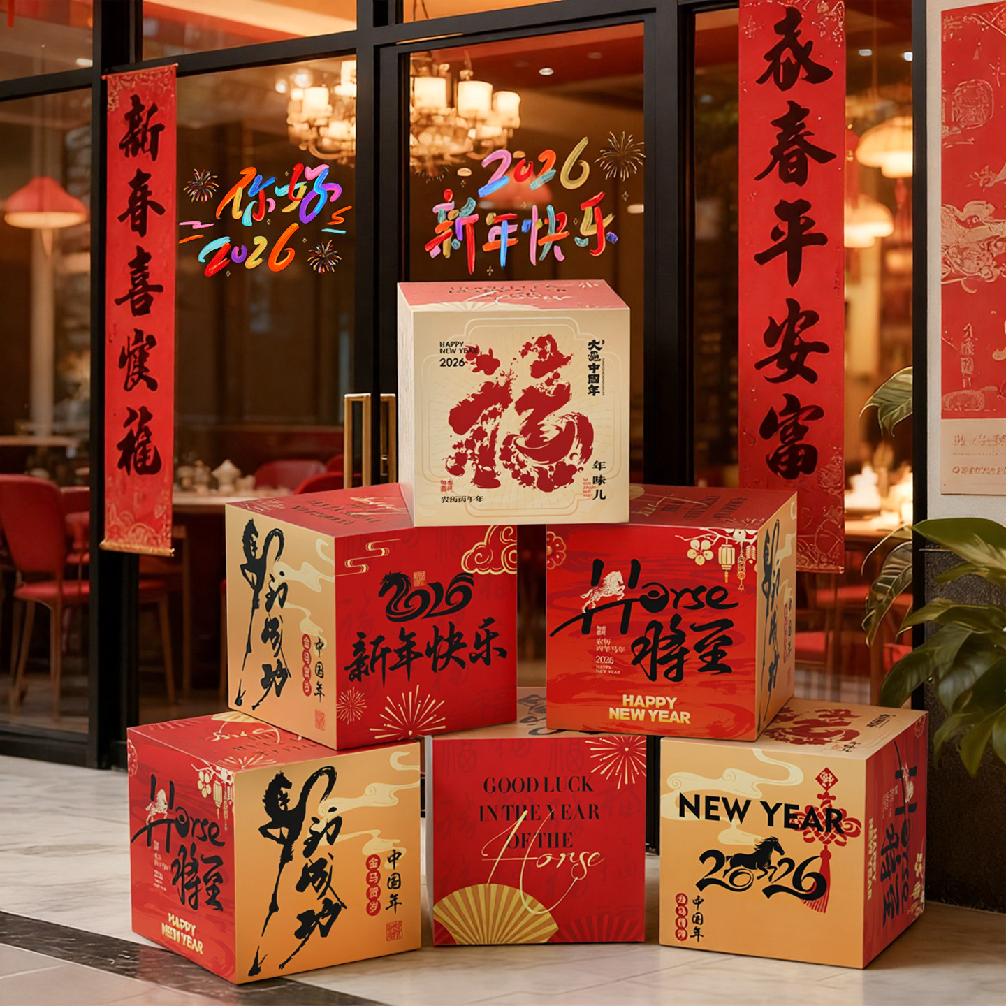 2026马年新年装饰堆头盒子春节用品摆件商场店铺元旦过年拍照道具