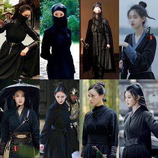 影视魏晋宋朝女士汉服黑色女侠古装蒙面黑衣人刺客夜行衣侠女服装