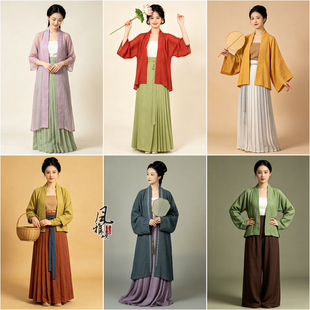宋制汉服女夏季薄款棉麻防晒褙子透气百迭裙田园日常古风写真套装