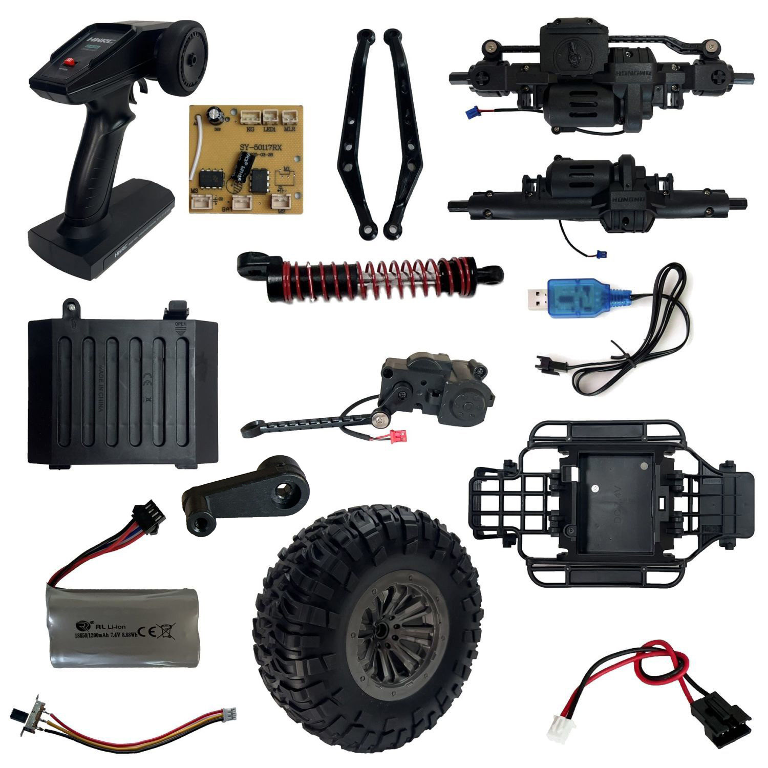 遥控车波箱越野车转向舵机配件攀爬车轮胎玩具充电器车架