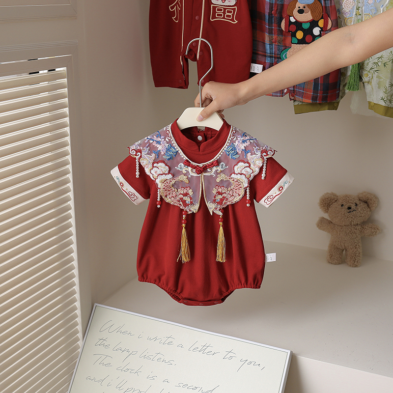 中式婴儿衣服女宝宝包屁衣红色抓周服满月百日宴周岁女宝礼服夏季