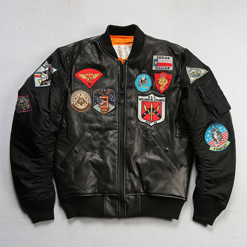 美式MA-1夹棉棒球夹克男立领运动休闲多标新西兰绵羊皮皮衣