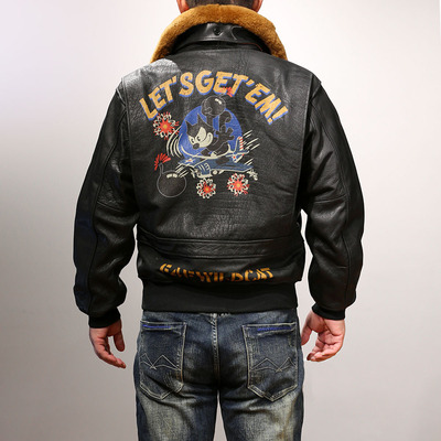 菲力猫G1海空飞行员真皮夹克男休闲羊毛领头层牛皮皮衣外套