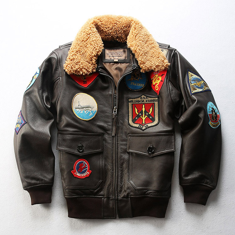 跨境专供17标G1飞行服夹克男冬季加棉头层牛皮羊羔毛领真皮皮衣