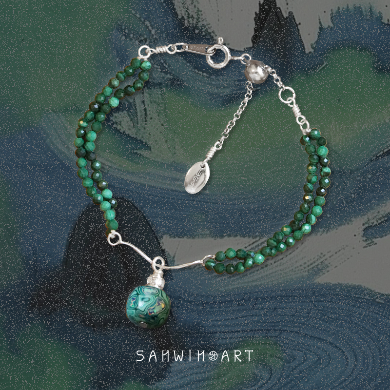 山印集孔雀石欧泊925银手链原创