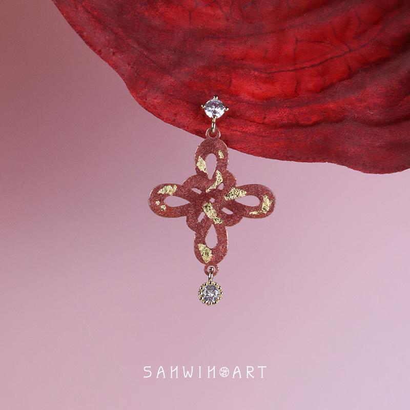 山印集手绘【结缘】中国结复古红金耳钉短款气质耳饰新年送礼物品