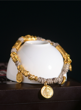 手工錾刻古法黄金吉言黄财神手串