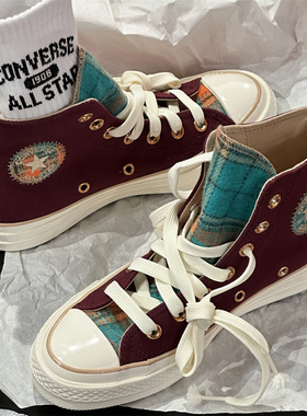 匡威1970S秋冬新款毛呢格子拼接酒红男女休闲高帮帆布鞋 A12452c