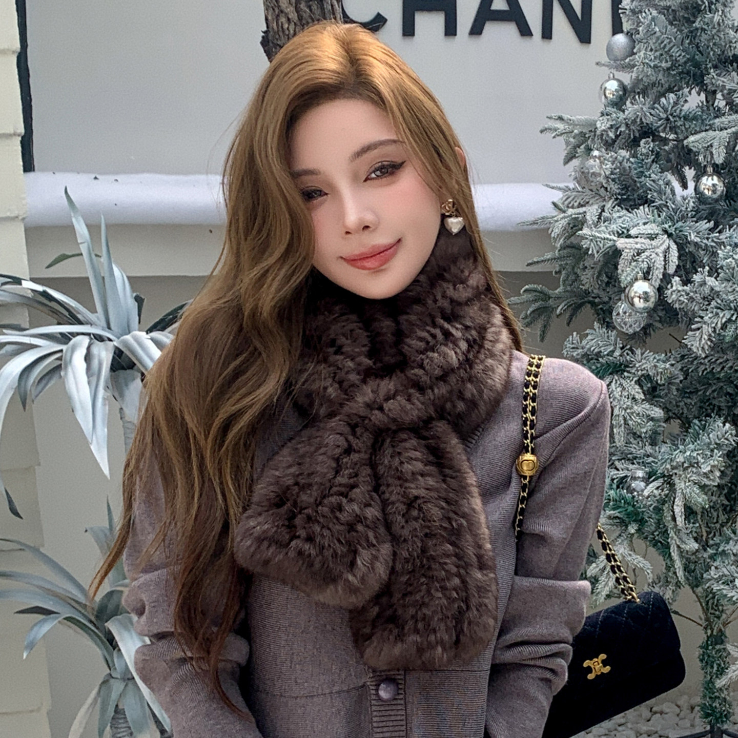 新款冬季双面编织仿紫貂色围巾简约气质保暖百搭女真兔毛皮草围脖