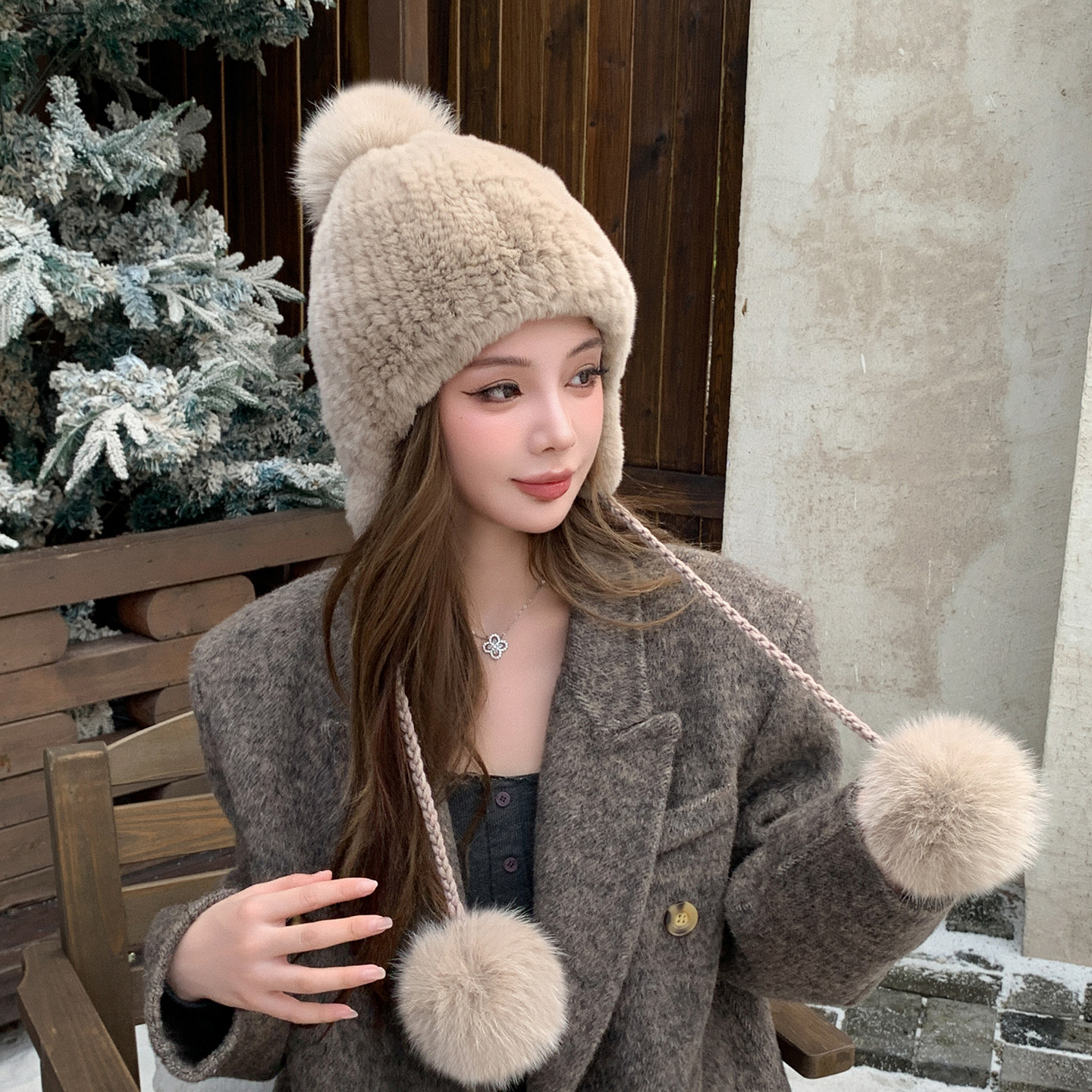 高弹力獭兔毛帽子可爱狐狸毛球球女冬季保暖护耳双面兔毛皮草帽子