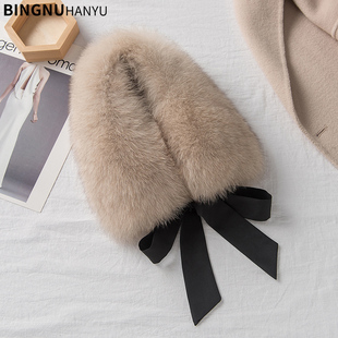 韩版新款秋冬季保暖百搭丝带皮草围巾围脖女狐狸毛领真毛毛假领子