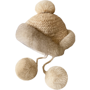 新款冬季保暖水貂毛编织狐狸毛护耳皮草帽子女可爱真毛球球风雪帽